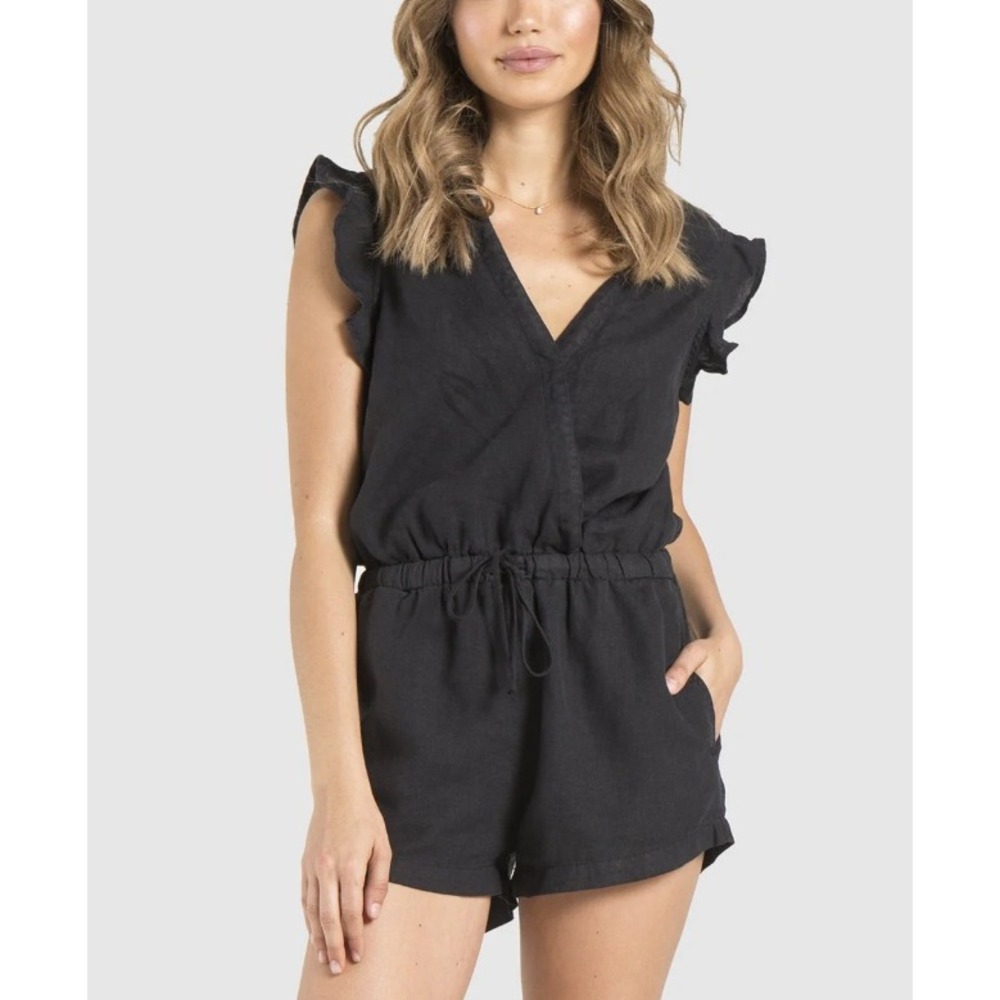 Cloth & Stone Black Linen Ruffle Romper Surplice V-Neck Drawstring Waist XS